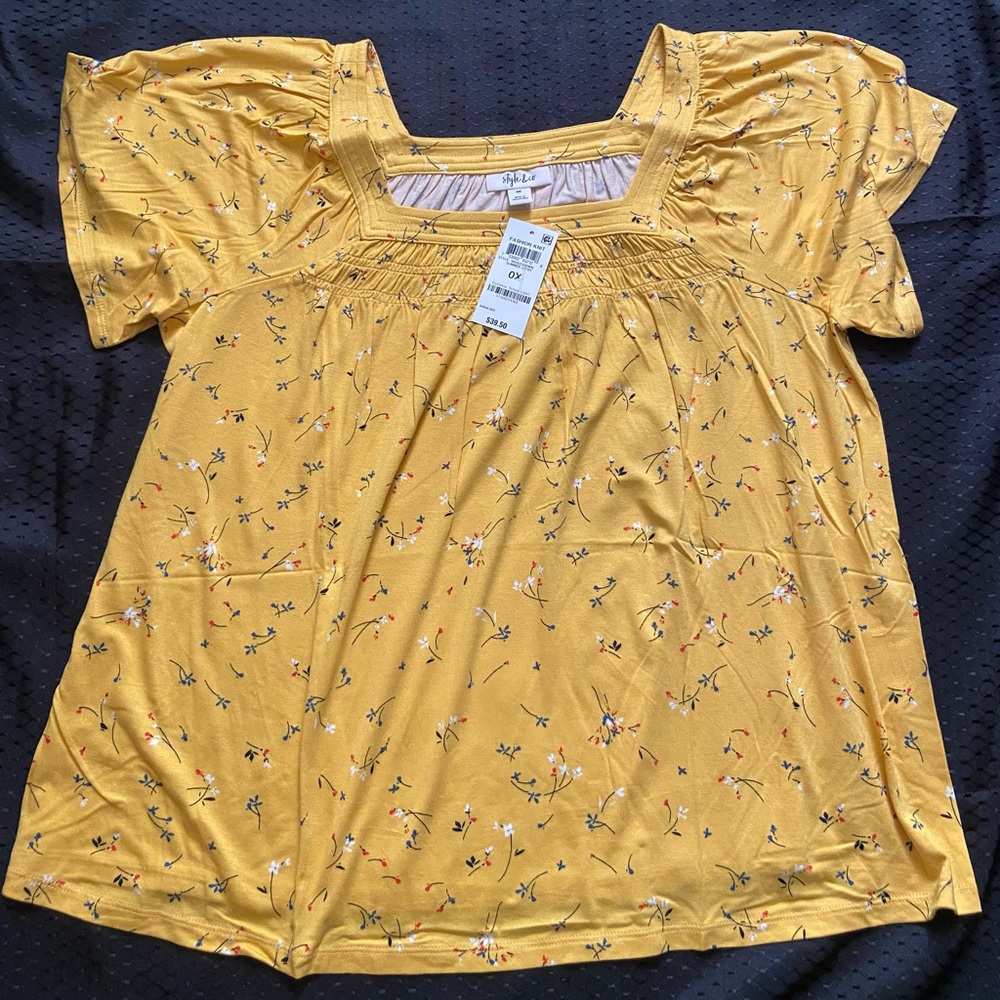 Style & Co Plus Yellow Floral Print Knit Tee Blouse Top Size OX